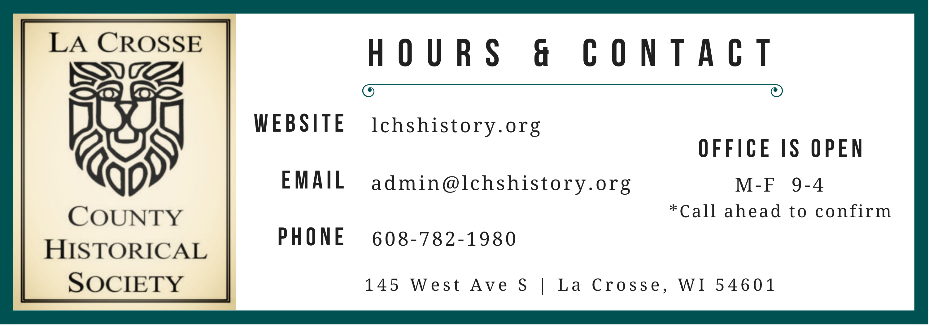 La Crosse County Historical Society logo and contact information